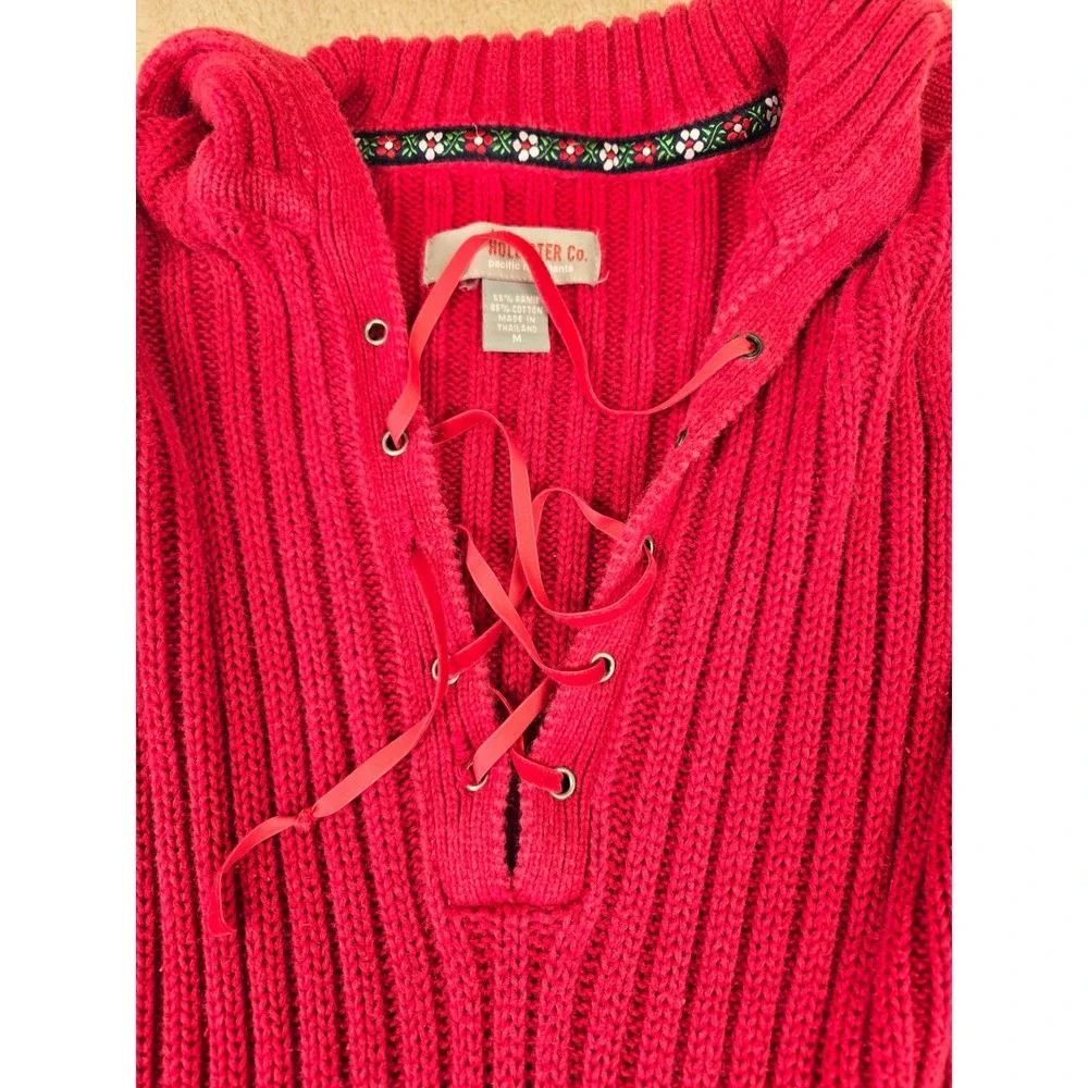 VTG‎ Hollister Co Red Ribbed Lace Up V-Neck Sweater Oversized Collar Womens Med